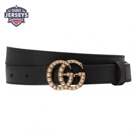 GUCCI BLACK FAUX PEARL-EMBELLISHED LEATHER BELT - B44