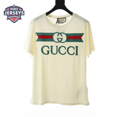 GUCCI EMBROIDERED BELT LOGO SHORT SLEEVE WHITE T SHIRT